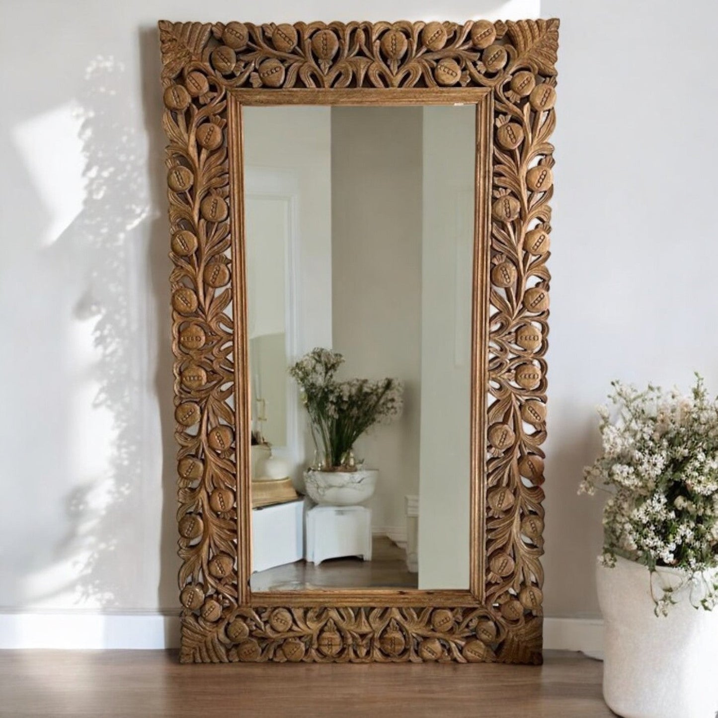Antique Teal Floral Hand-Carved Wooden Wall Mirror