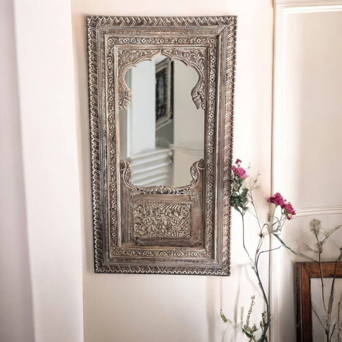 "Handcarved Wooden Jharokha Wall Mirror – Large carved wooden mirror with intricate design, perfect for living room, bedroom, or farmhouse decor. Handcarved Wooden Jharokha Wall Mirror/Frame – Large Carved Indian Wall Mirror with Rustic Farmhouse Style and Vintage Design
