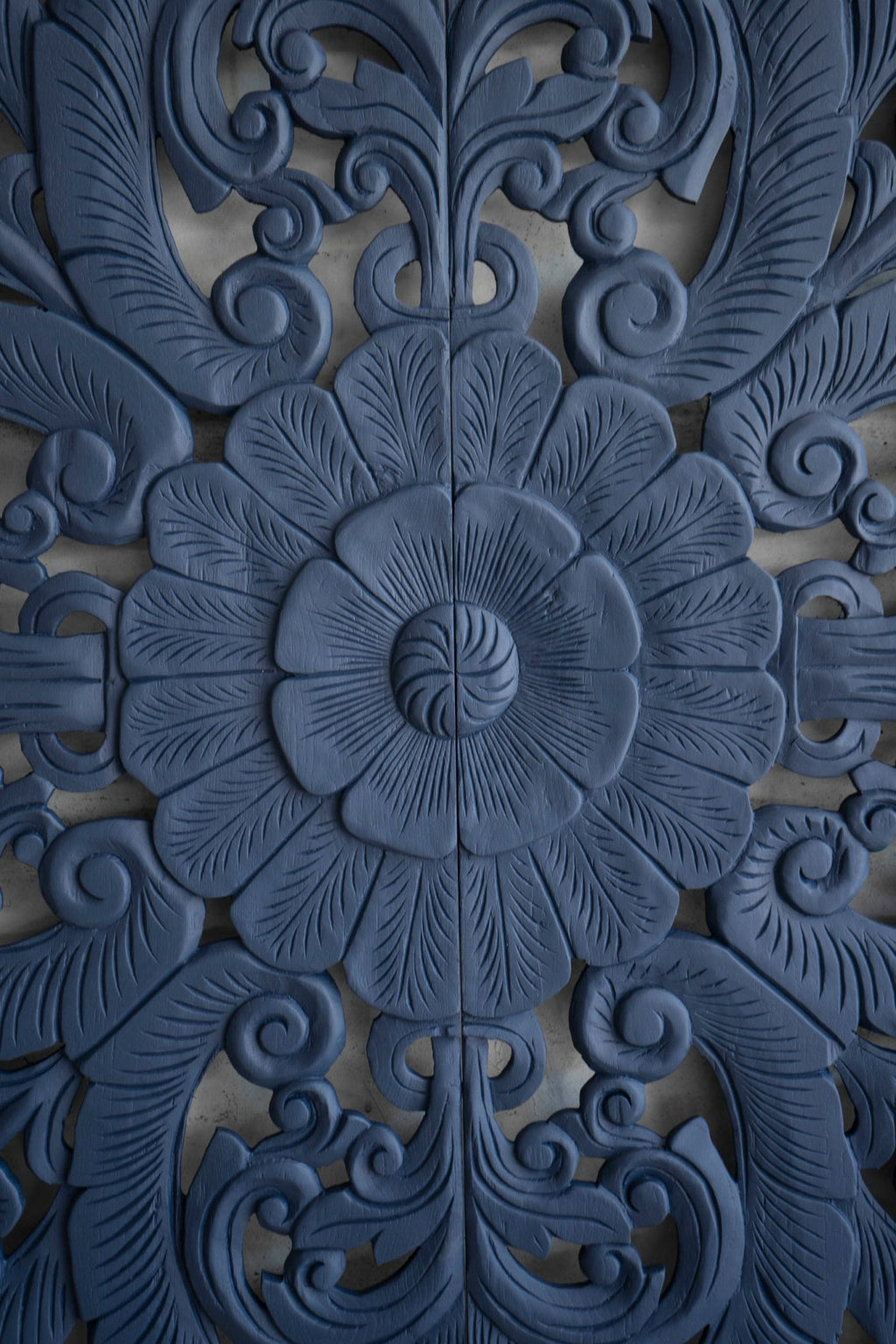 Indigo Blue Hand Carved Mango Wood Floral Scroll Headboard – Ornate Botanical Boho Wall Panel - DOBRI ARTS AU
