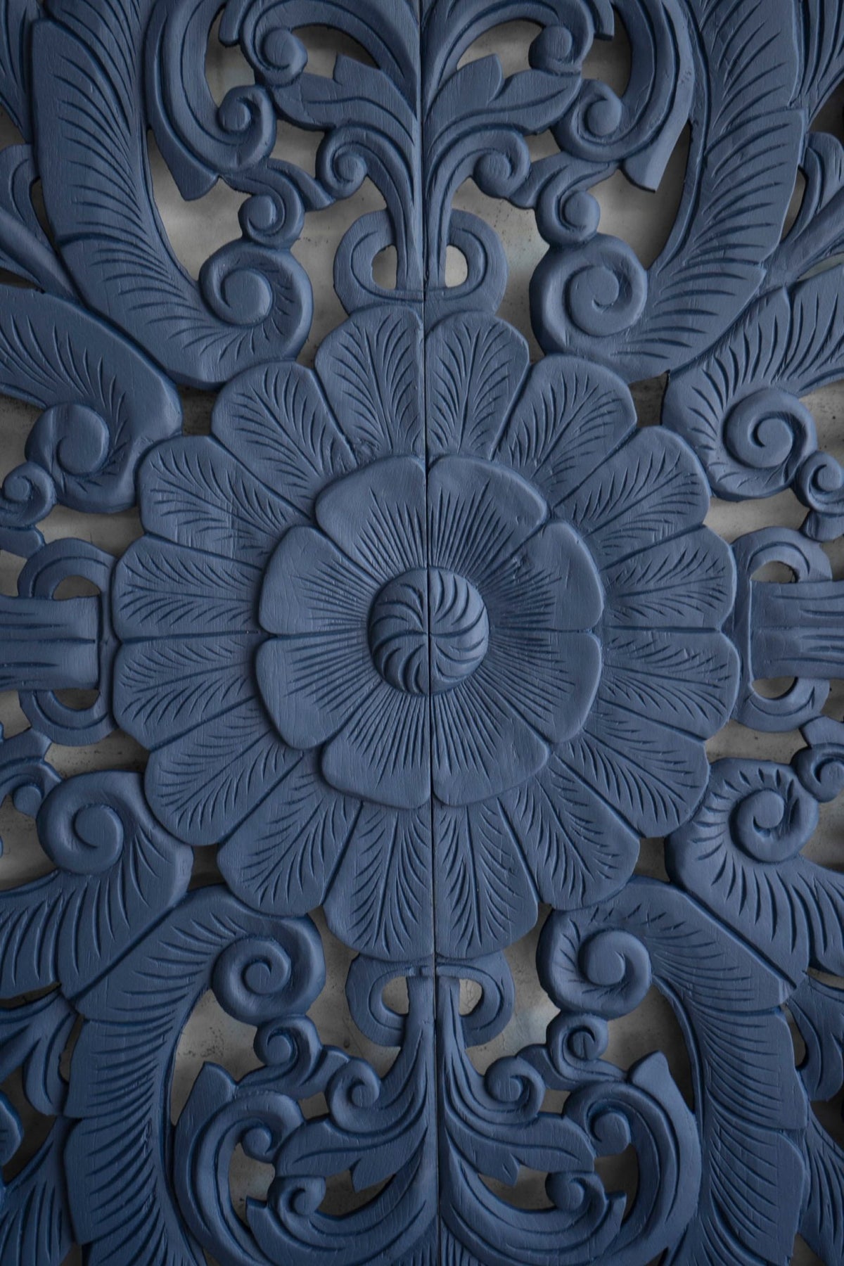Indigo Blue Hand Carved Mango Wood Floral Scroll Headboard – Ornate Botanical Boho Wall Panel - DOBRI ARTS AU