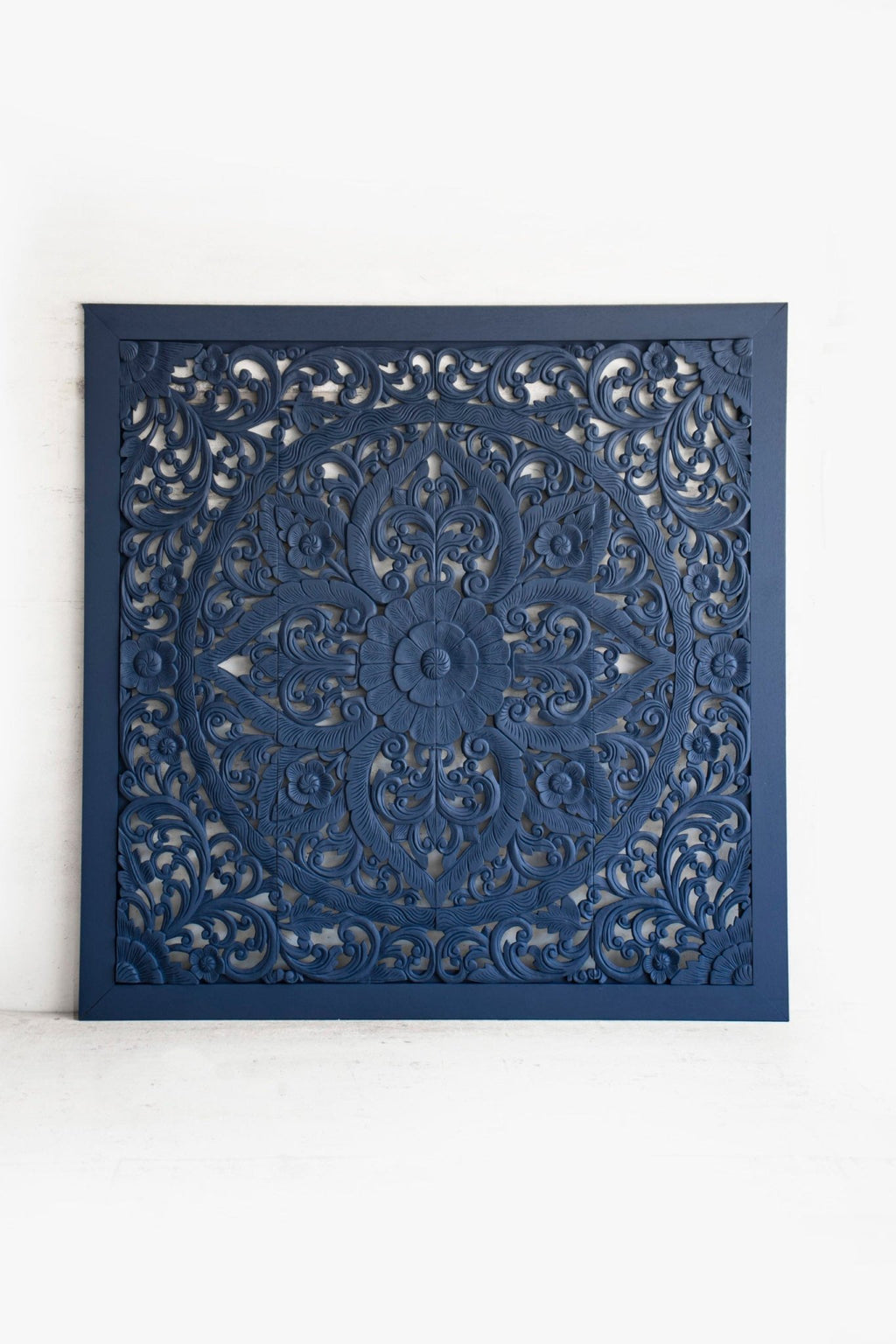 Indigo Blue Hand Carved Mango Wood Floral Scroll Headboard – Ornate Botanical Boho Wall Panel - DOBRI ARTS AU