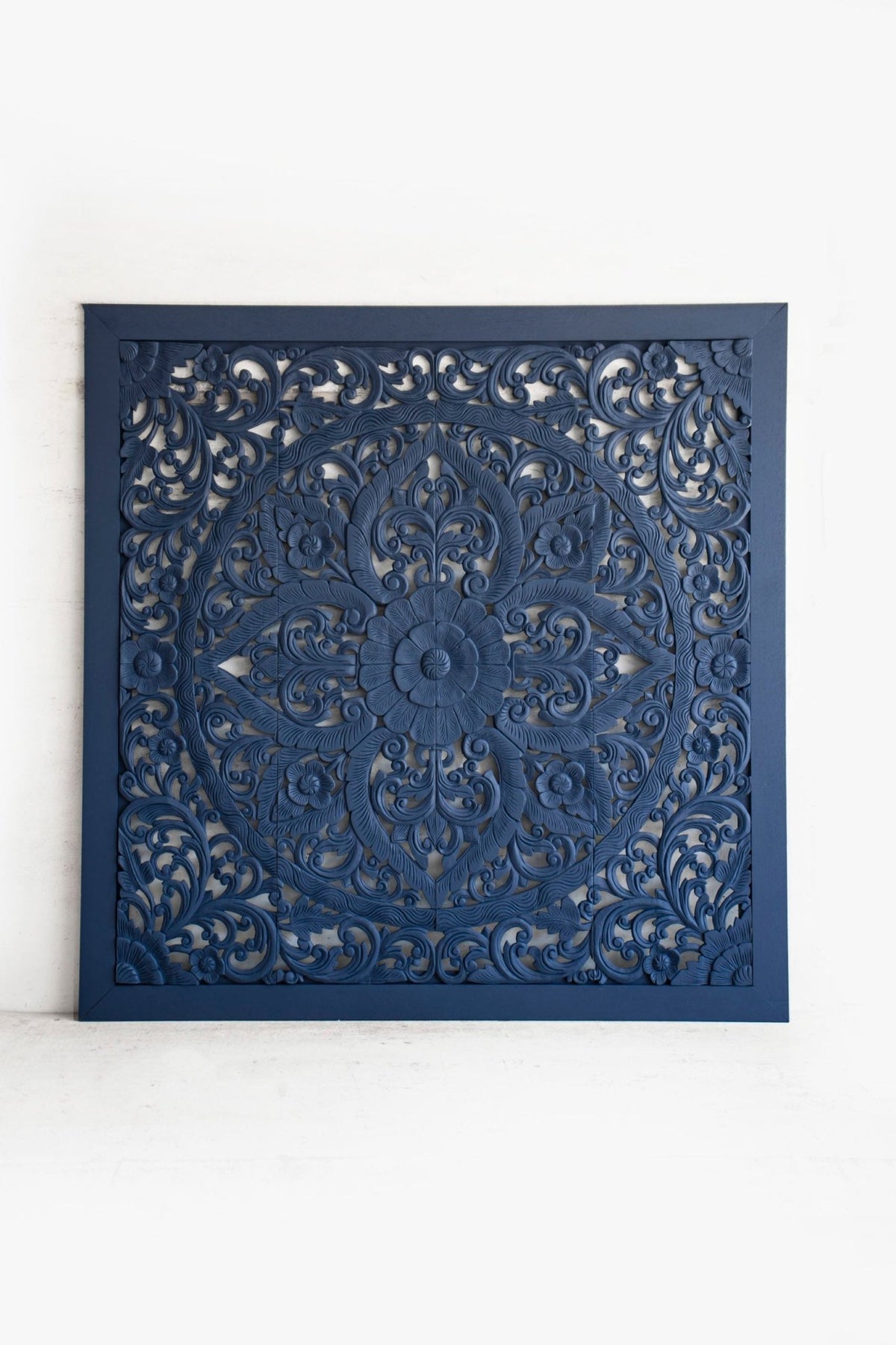 Indigo Blue Hand Carved Mango Wood Floral Scroll Headboard – Ornate Botanical Boho Wall Panel - DOBRI ARTS AU