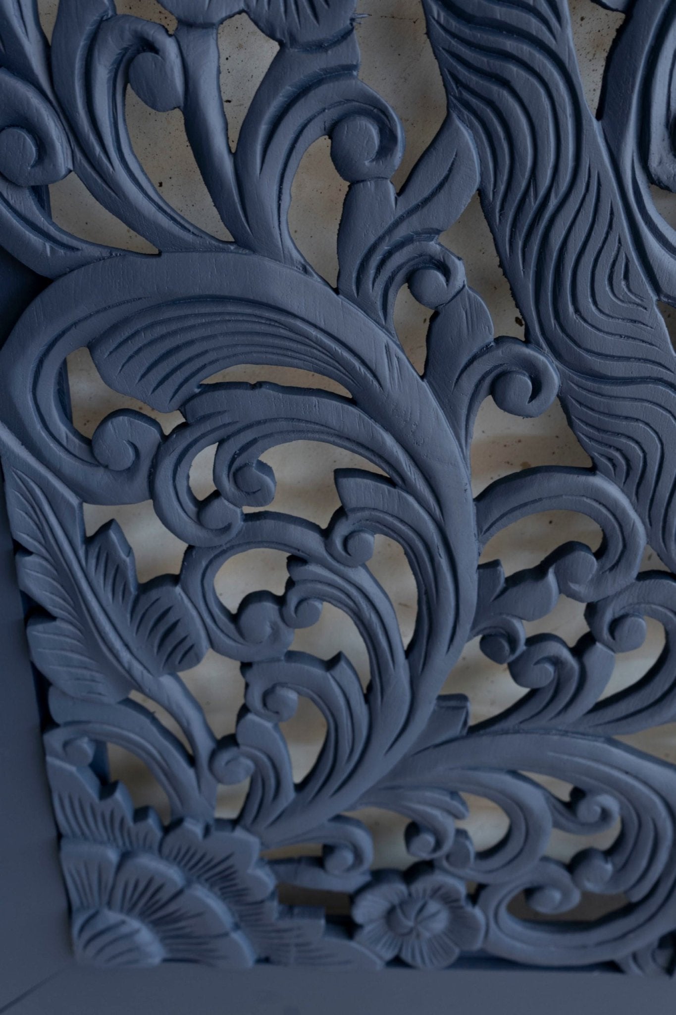 Indigo Blue Hand Carved Mango Wood Floral Scroll Headboard – Ornate Botanical Boho Wall Panel - DOBRI ARTS AU