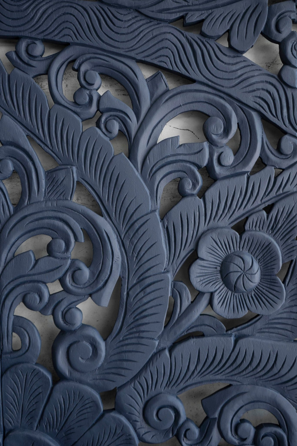 Indigo Blue Hand Carved Mango Wood Floral Scroll Headboard – Ornate Botanical Boho Wall Panel - DOBRI ARTS AU