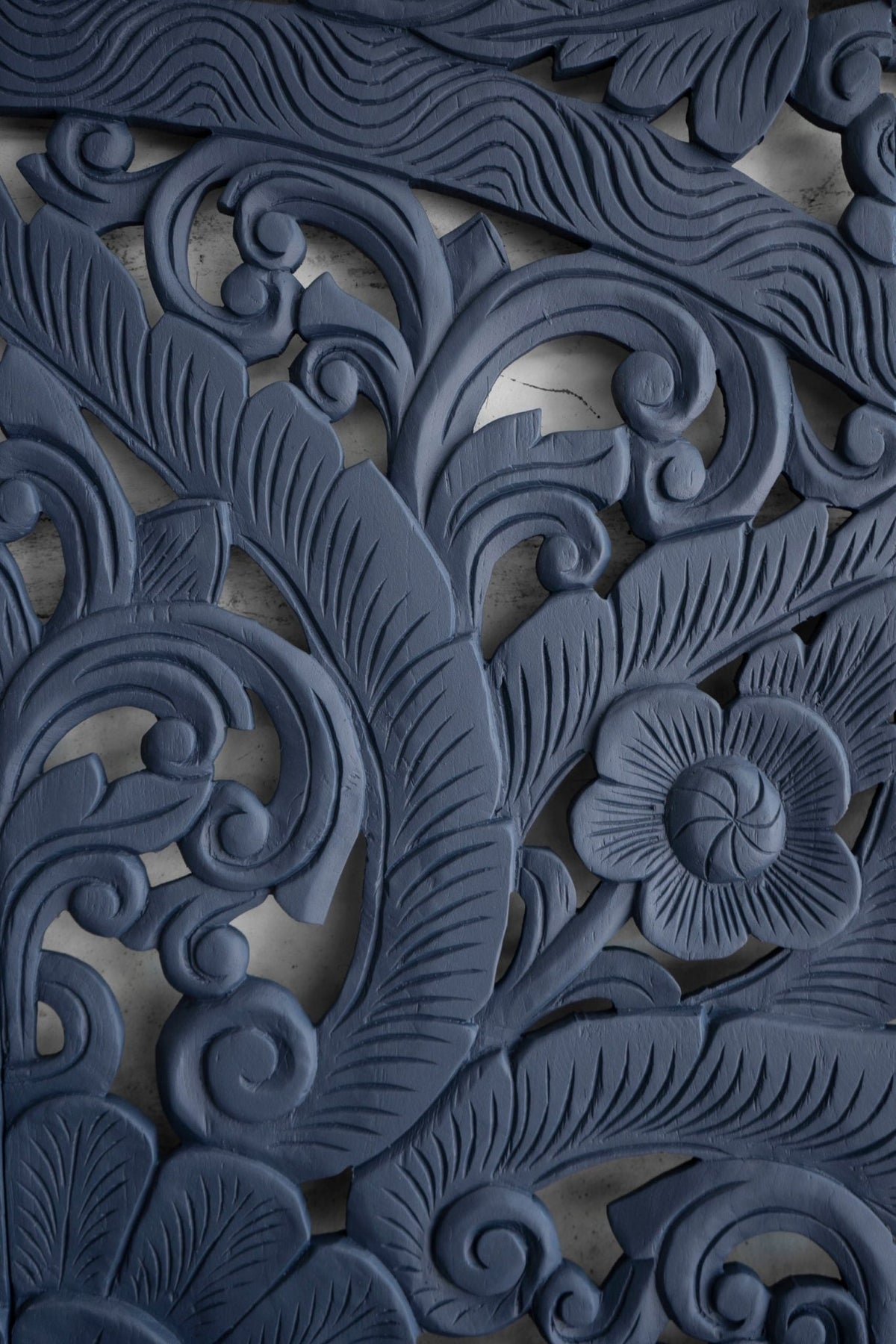 Indigo Blue Hand Carved Mango Wood Floral Scroll Headboard – Ornate Botanical Boho Wall Panel - DOBRI ARTS AU