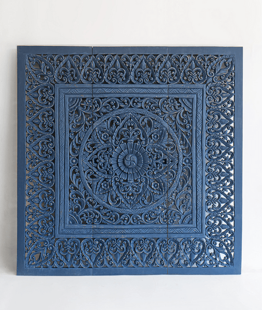 Indigo Blue Hand Carved Mango Wood Floral Scroll Headboard – Ornate Botanical Boho Wall Panel - DOBRI ARTS AU