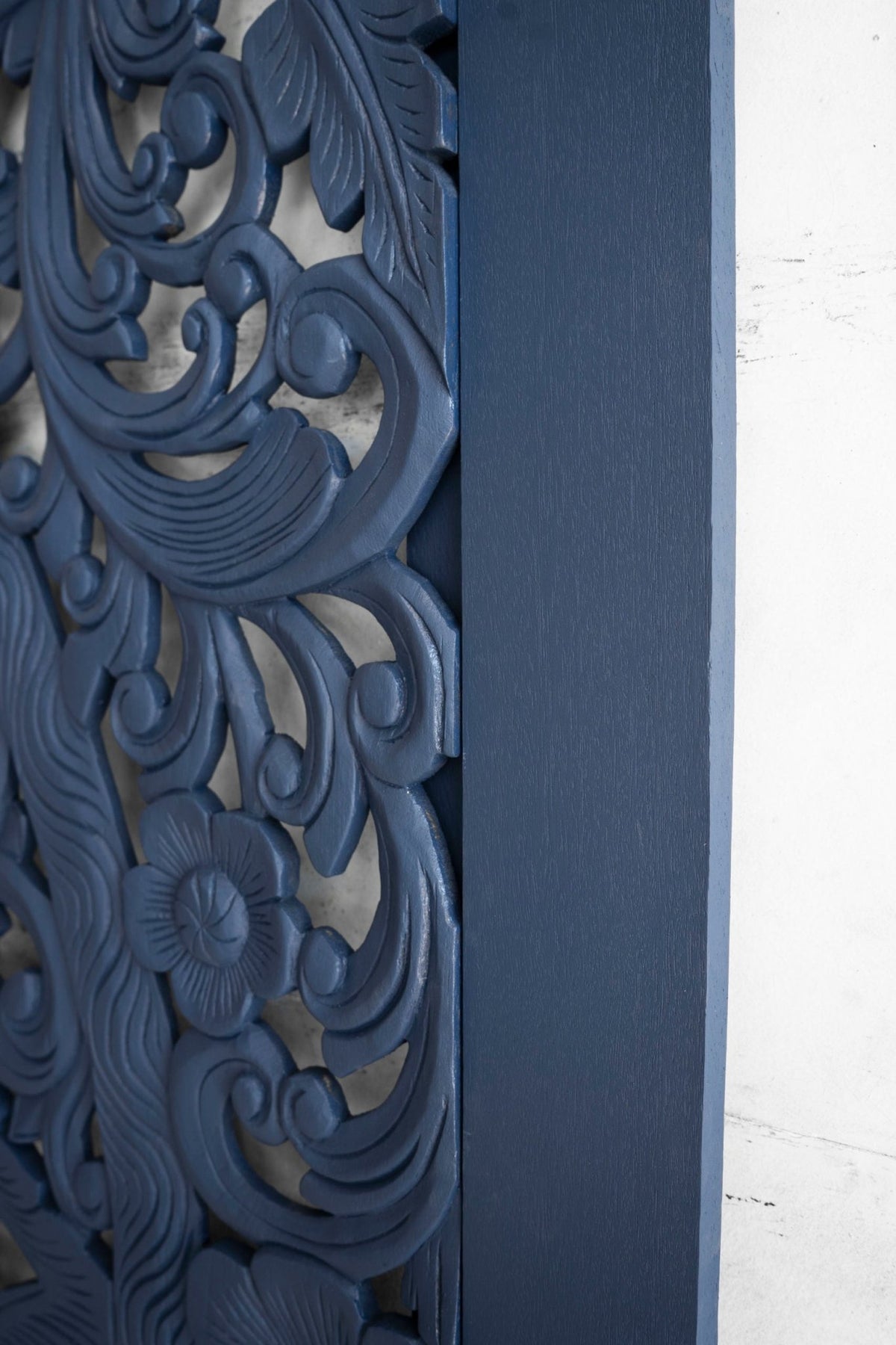 Indigo Blue Hand Carved Mango Wood Floral Scroll Headboard – Ornate Botanical Boho Wall Panel - DOBRI ARTS AU