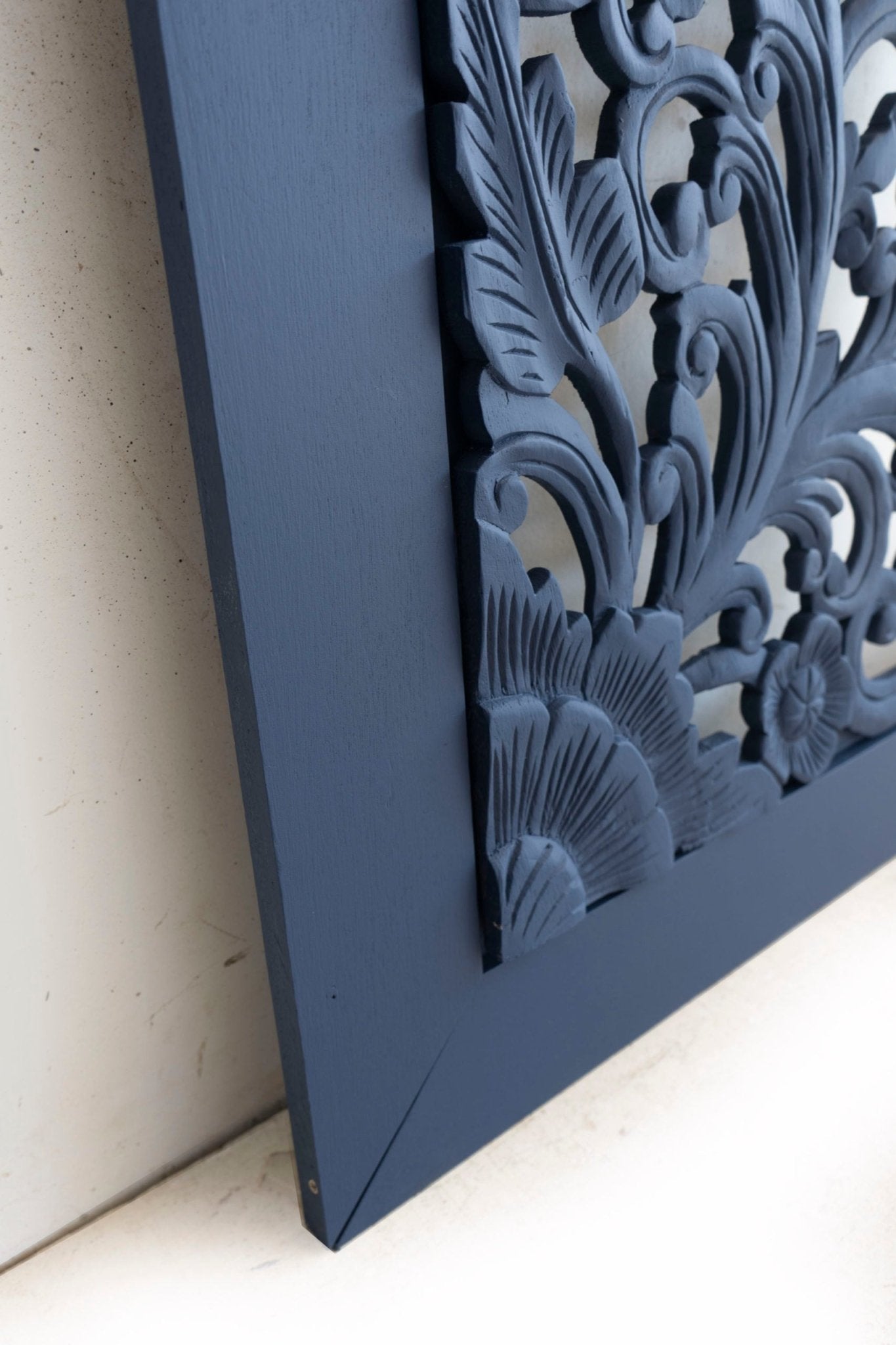 Indigo Blue Hand Carved Mango Wood Floral Scroll Headboard – Ornate Botanical Boho Wall Panel - DOBRI ARTS AU