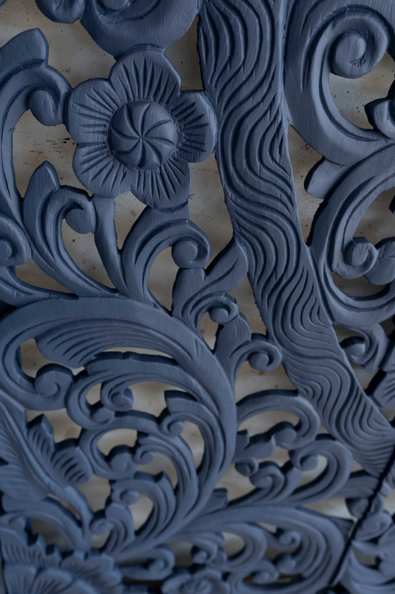 Indigo Blue Hand Carved Mango Wood Floral Scroll Headboard – Ornate Botanical Boho Wall Panel - DOBRI ARTS AU