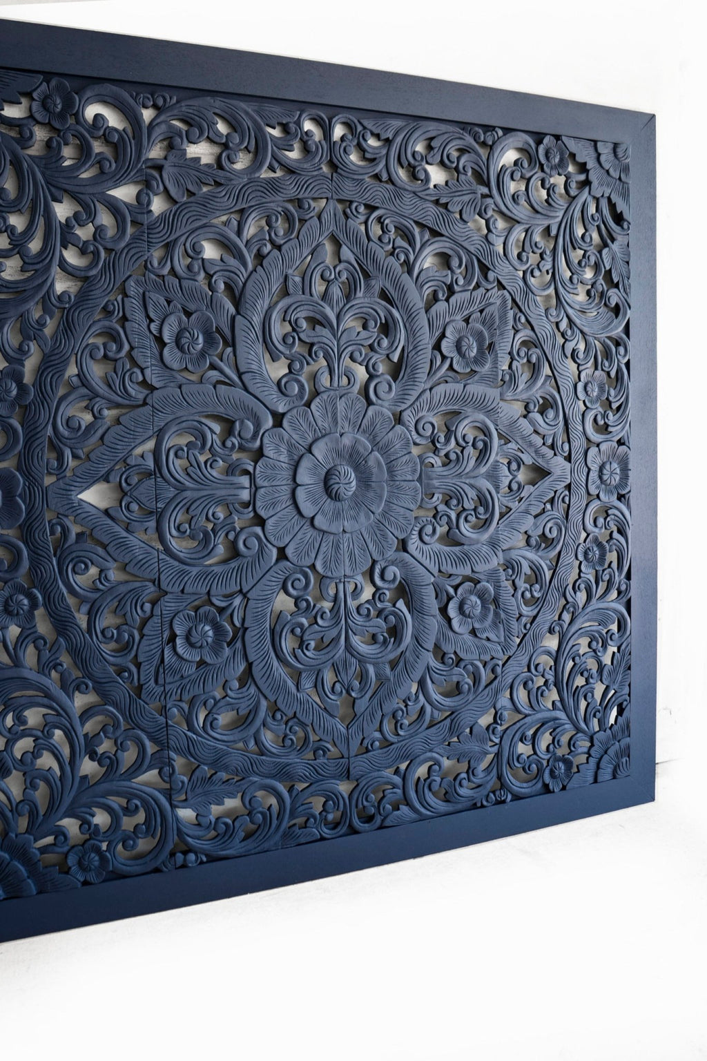 Indigo Blue Hand Carved Mango Wood Floral Scroll Headboard – Ornate Botanical Boho Wall Panel - DOBRI ARTS AU