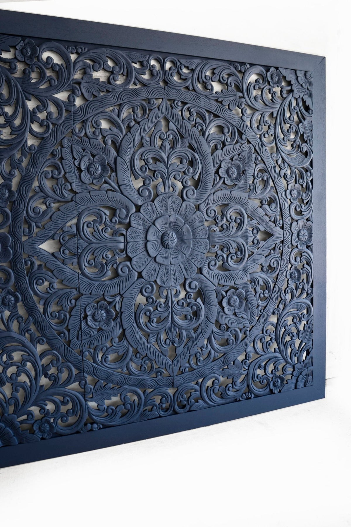 Indigo Blue Hand Carved Mango Wood Floral Scroll Headboard – Ornate Botanical Boho Wall Panel - DOBRI ARTS AU