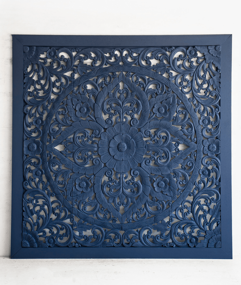 Indigo Blue Hand Carved Mango Wood Floral Scroll Headboard – Ornate Botanical Boho Wall Panel - DOBRI ARTS AU
