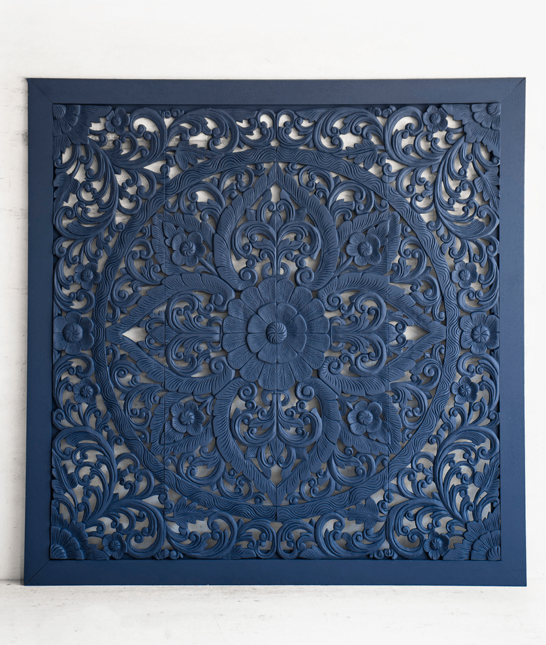Indigo Blue Hand Carved Mango Wood Floral Scroll Headboard – Ornate Botanical Boho Wall Panel - DOBRI ARTS AU