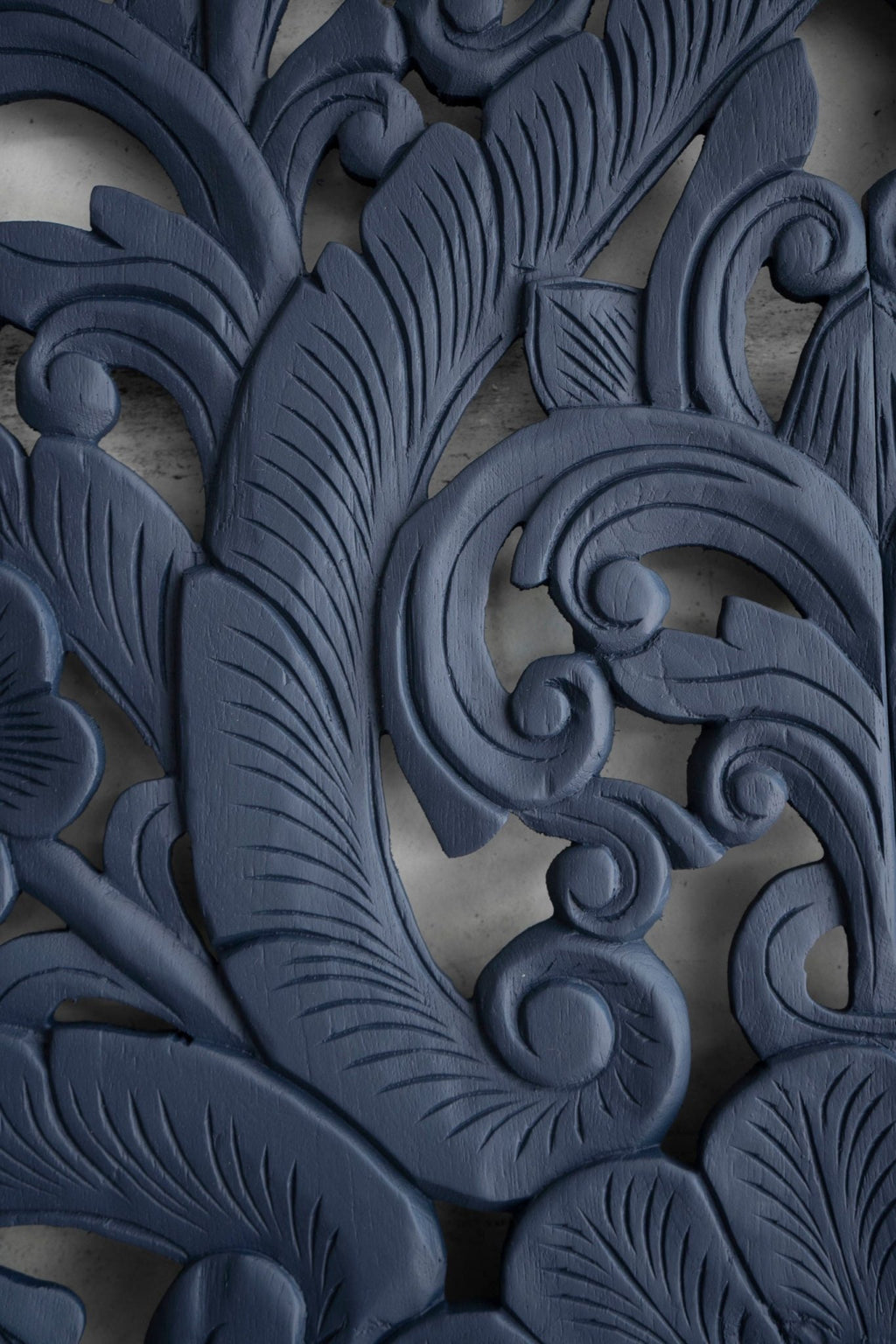 Indigo Blue Hand Carved Mango Wood Floral Scroll Headboard – Ornate Botanical Boho Wall Panel - DOBRI ARTS AU