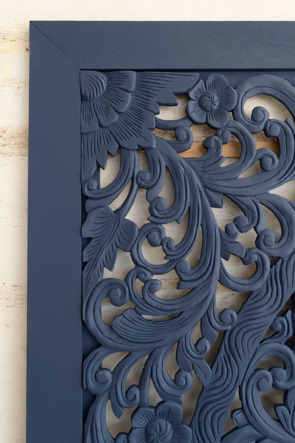 Indigo Blue Hand Carved Mango Wood Floral Scroll Headboard – Ornate Botanical Boho Wall Panel - DOBRI ARTS AU