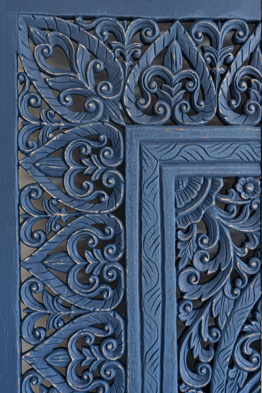 Indigo Blue Hand Carved Mango Wood Floral Scroll Headboard – Ornate Botanical Boho Wall Panel - DOBRI ARTS AU