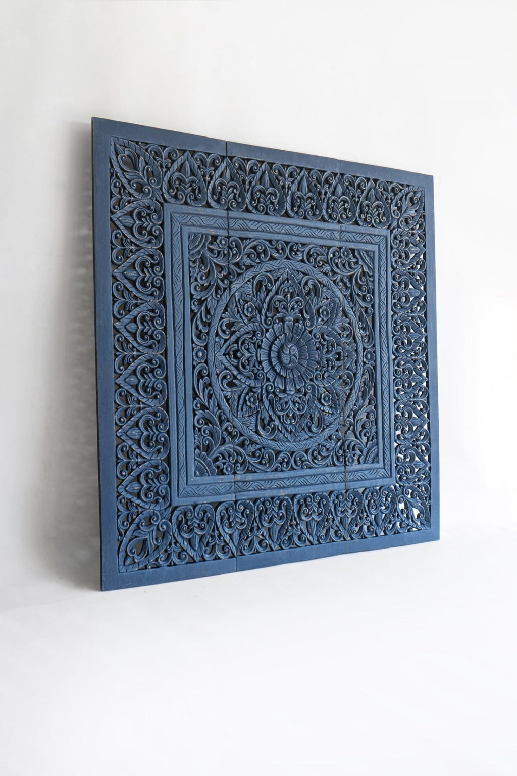 Indigo Hand Carved Mango Wood Floral Medallion Headboard – Ornate Indian Carved Decorative Wall Panel - DOBRI ARTS AU