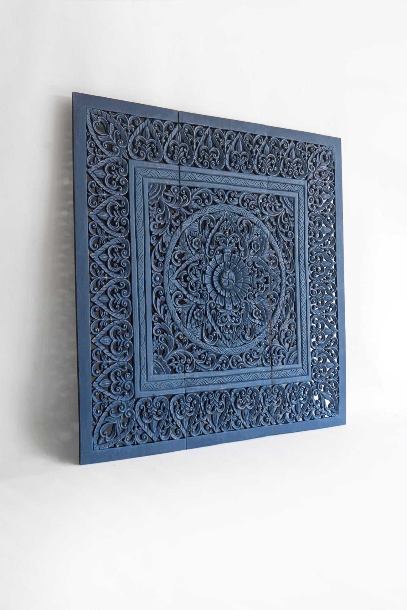 Indigo Hand Carved Mango Wood Floral Medallion Headboard – Ornate Indian Carved Decorative Wall Panel - DOBRI ARTS AU