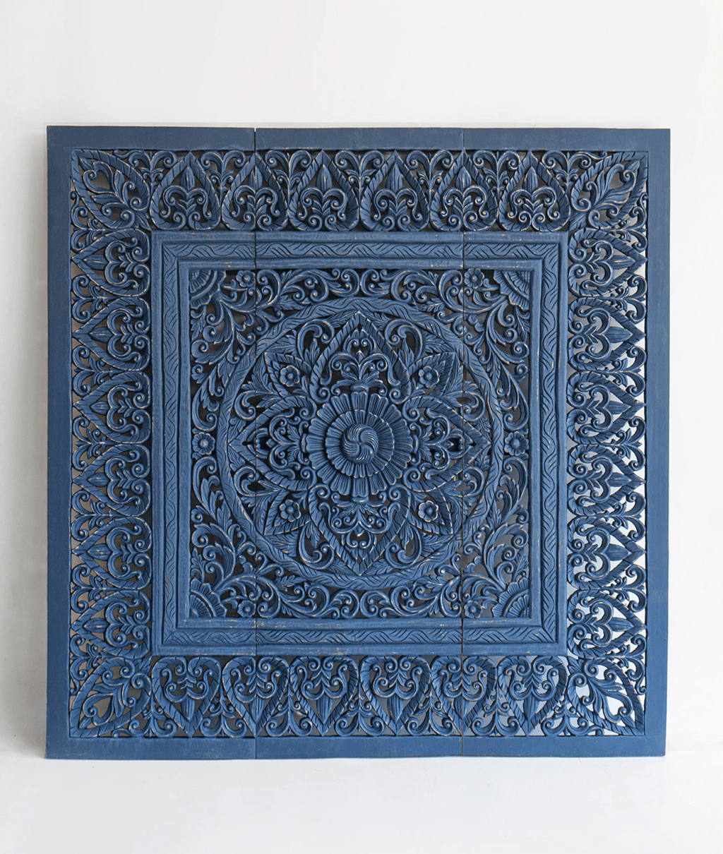 Indigo Hand Carved Mango Wood Floral Medallion Headboard – Ornate Indian Carved Decorative Wall Panel - DOBRI ARTS AU
