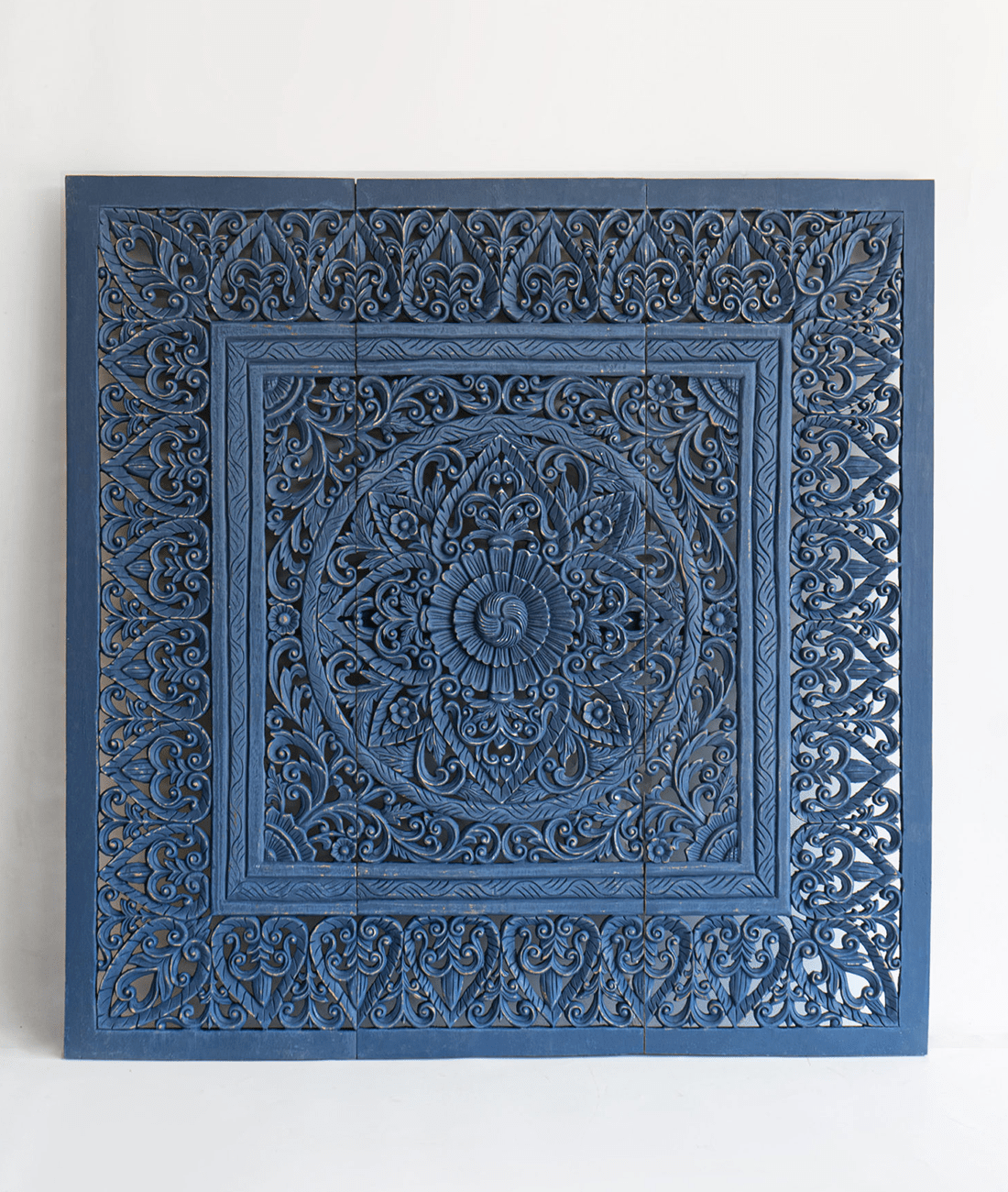Indigo Hand Carved Mango Wood Floral Medallion Headboard – Ornate Indian Carved Decorative Wall Panel - DOBRI ARTS AU