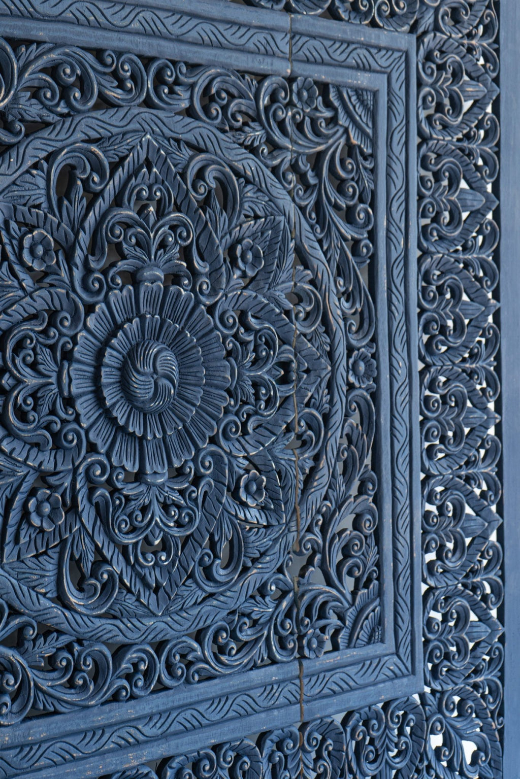 Indigo Hand Carved Mango Wood Floral Medallion Headboard – Ornate Indian Carved Decorative Wall Panel - DOBRI ARTS AU