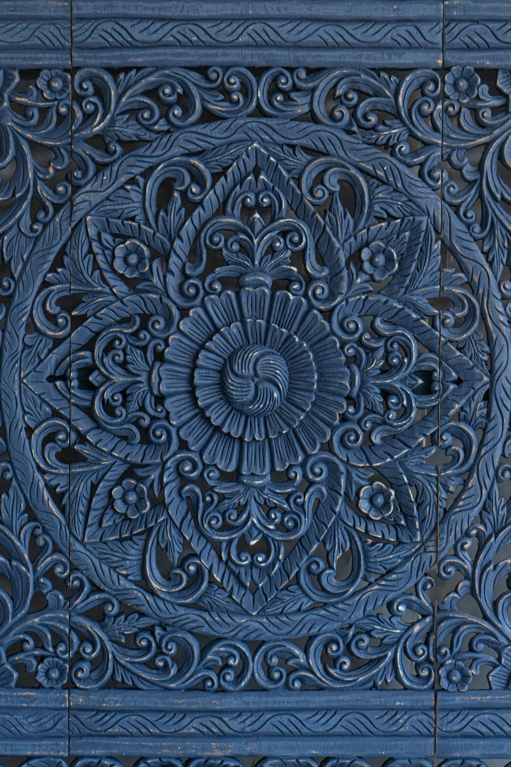 Indigo Hand Carved Mango Wood Floral Medallion Headboard – Ornate Indian Carved Decorative Wall Panel - DOBRI ARTS AU