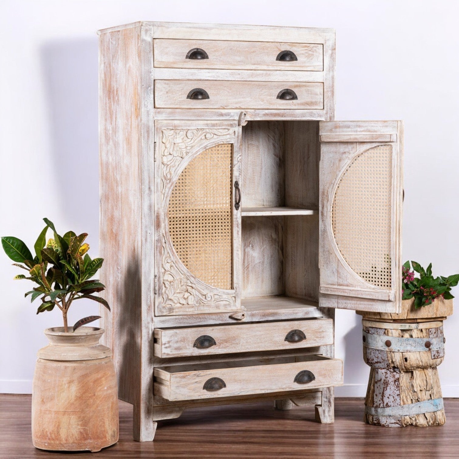 Ivora Hand-Carved Cane Door Wooden Storage Cabinet - DOBRI ARTS AU