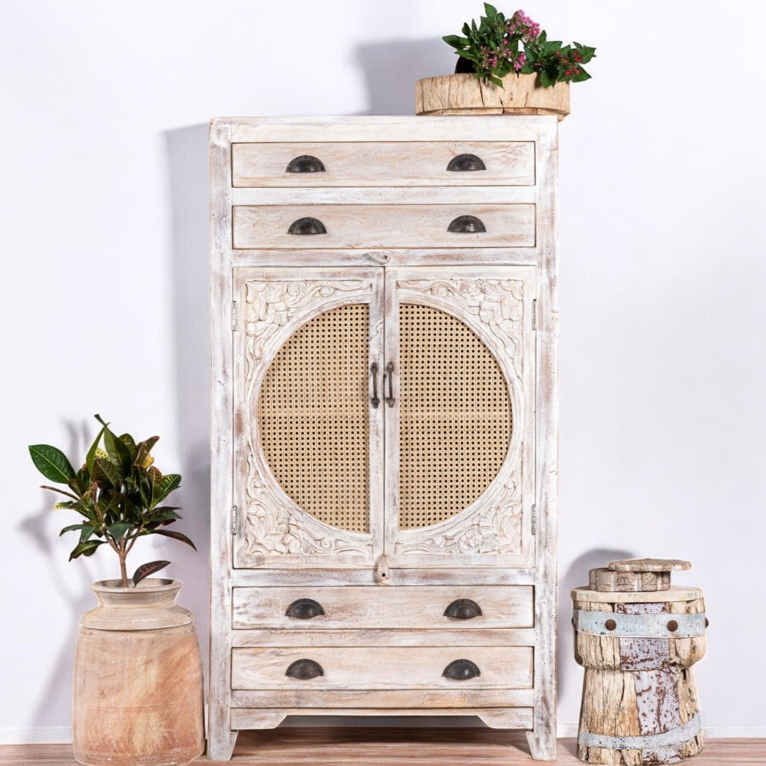 Ivora Hand-Carved Cane Door Wooden Storage Cabinet - DOBRI ARTS AU