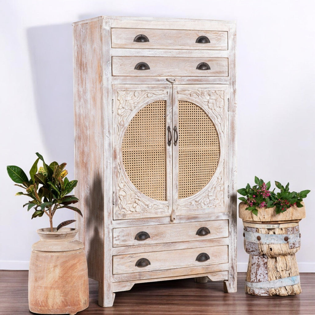 Ivora Hand-Carved Cane Door Wooden Storage Cabinet - DOBRI ARTS AU