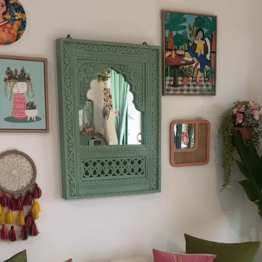 Jaipur Sage Green Hand-Carved Wooden Wall Mirror - DOBRI ARTS AU