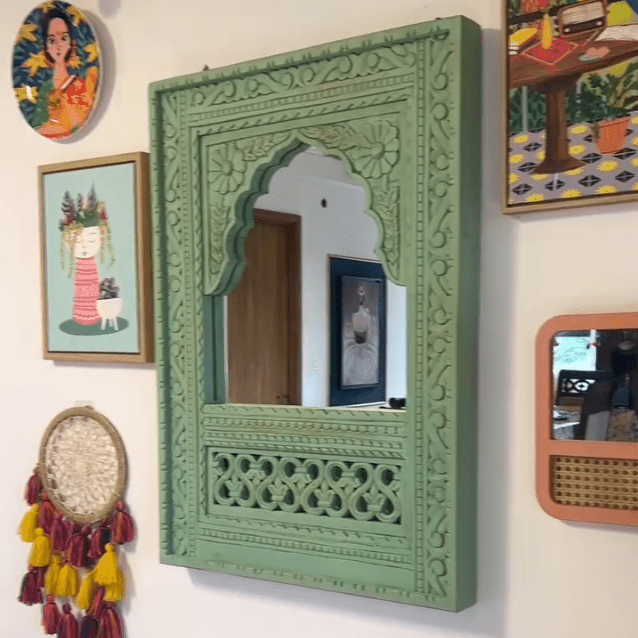 Jaipur Sage Green Hand-Carved Wooden Wall Mirror - DOBRI ARTS AU