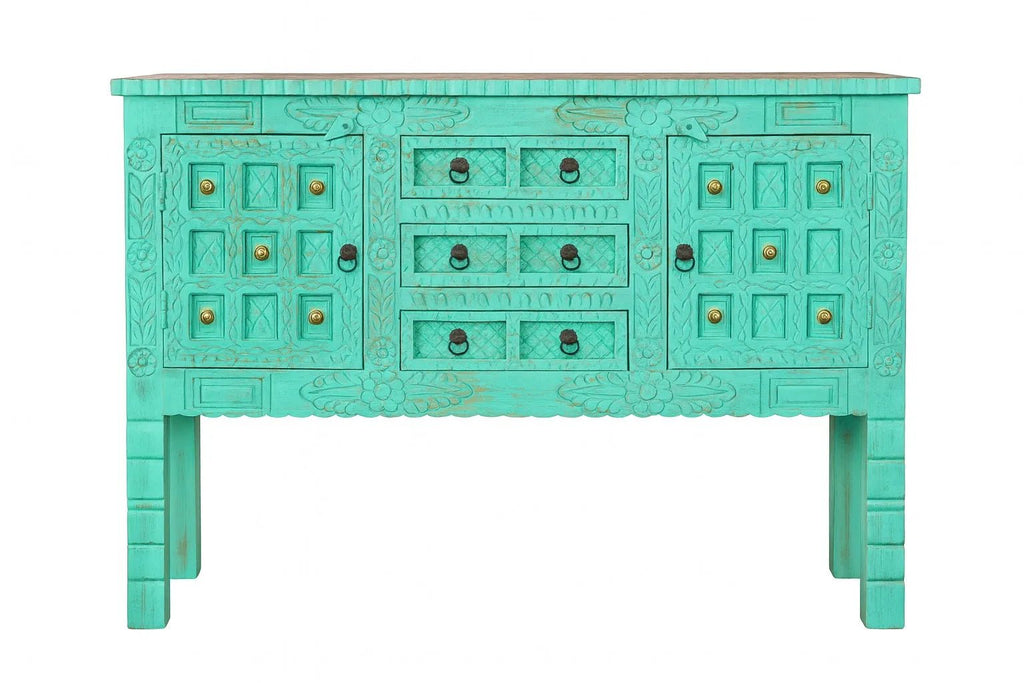 Jalna Turquoise Hand-Carved Storage Console Cabinet - DOBRI ARTS AU