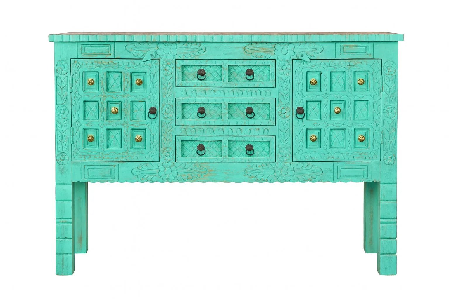 Jalna Turquoise Hand-Carved Storage Console Cabinet - DOBRI ARTS AU