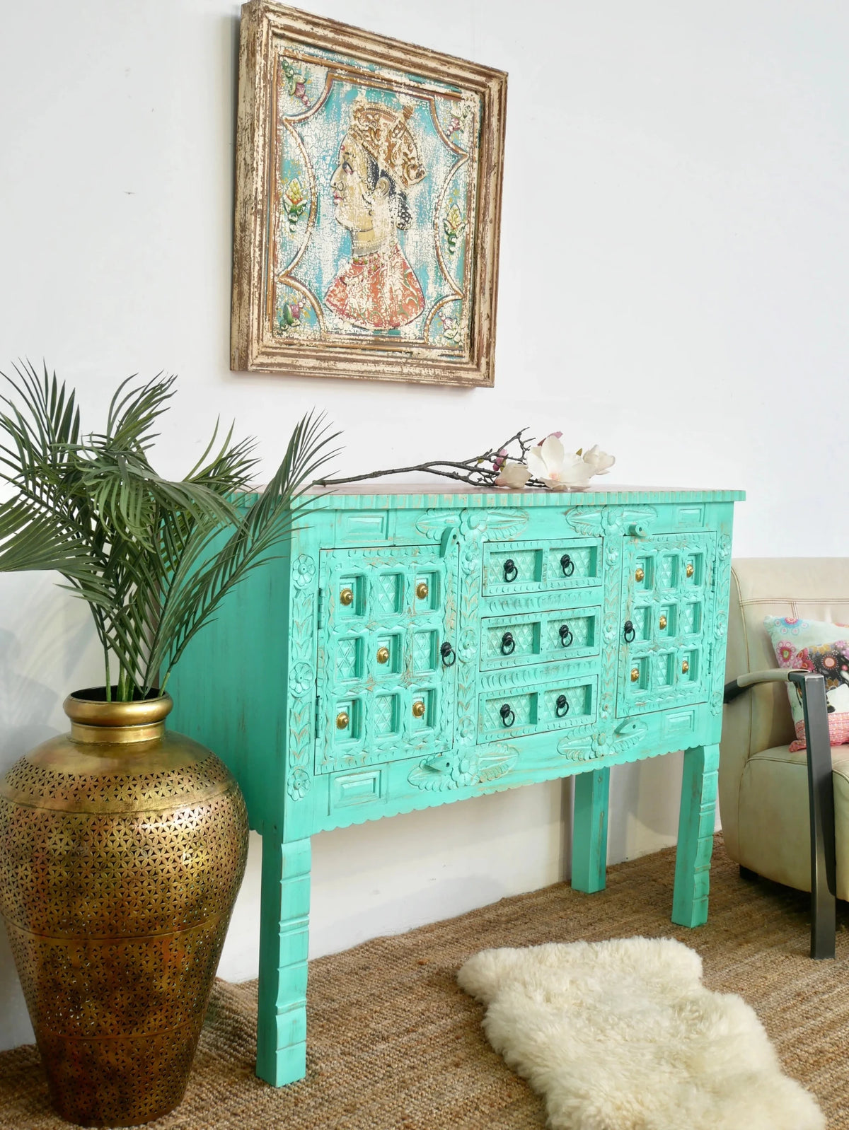 Jalna Turquoise Hand-Carved Storage Console Cabinet - DOBRI ARTS AU