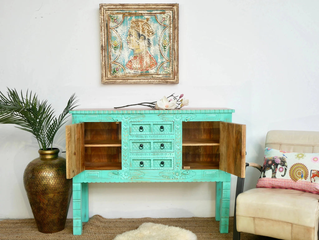 Jalna Turquoise Hand-Carved Storage Console Cabinet - DOBRI ARTS AU
