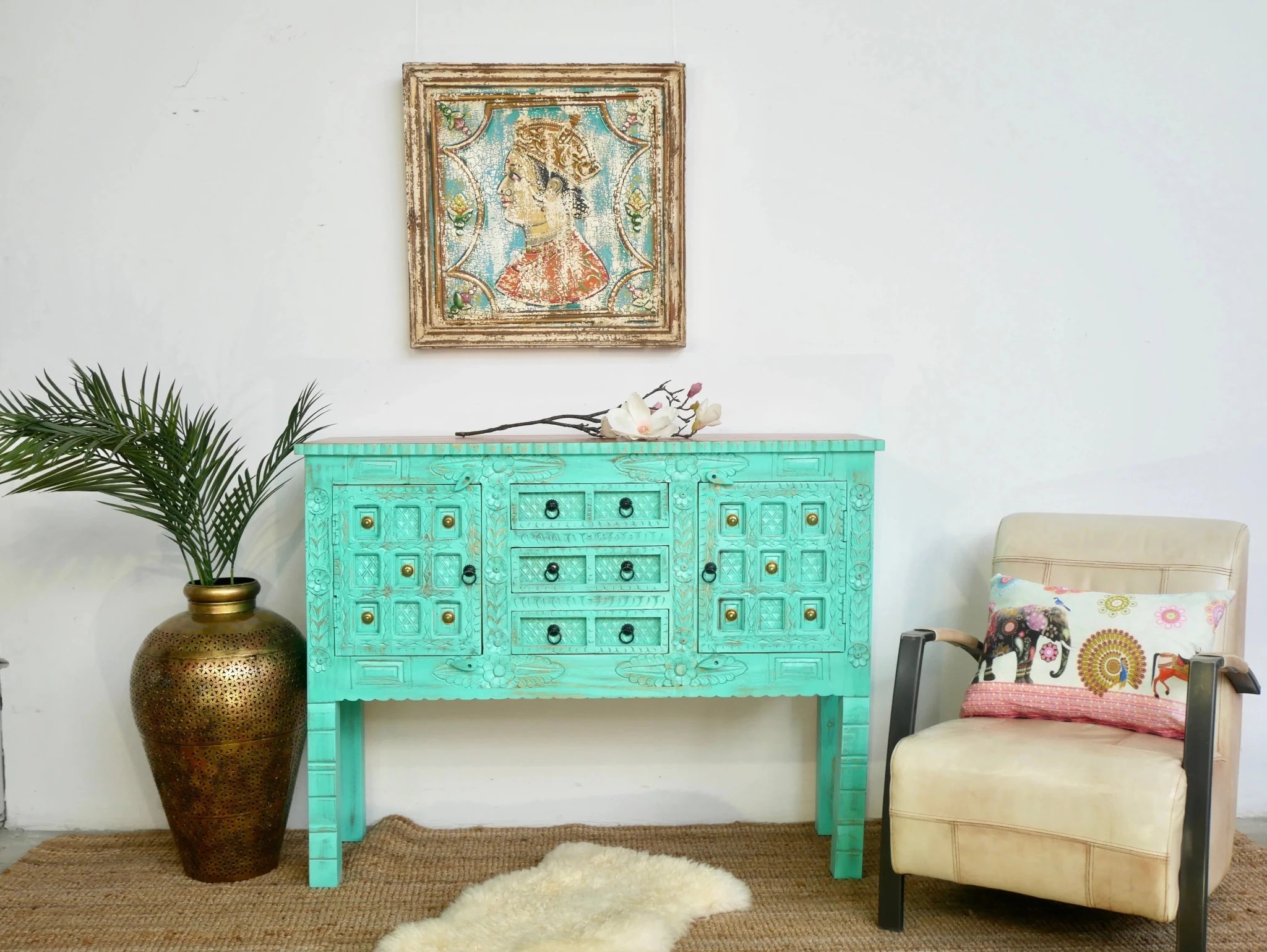 Jalna Turquoise Hand-Carved Storage Console Cabinet - DOBRI ARTS AU