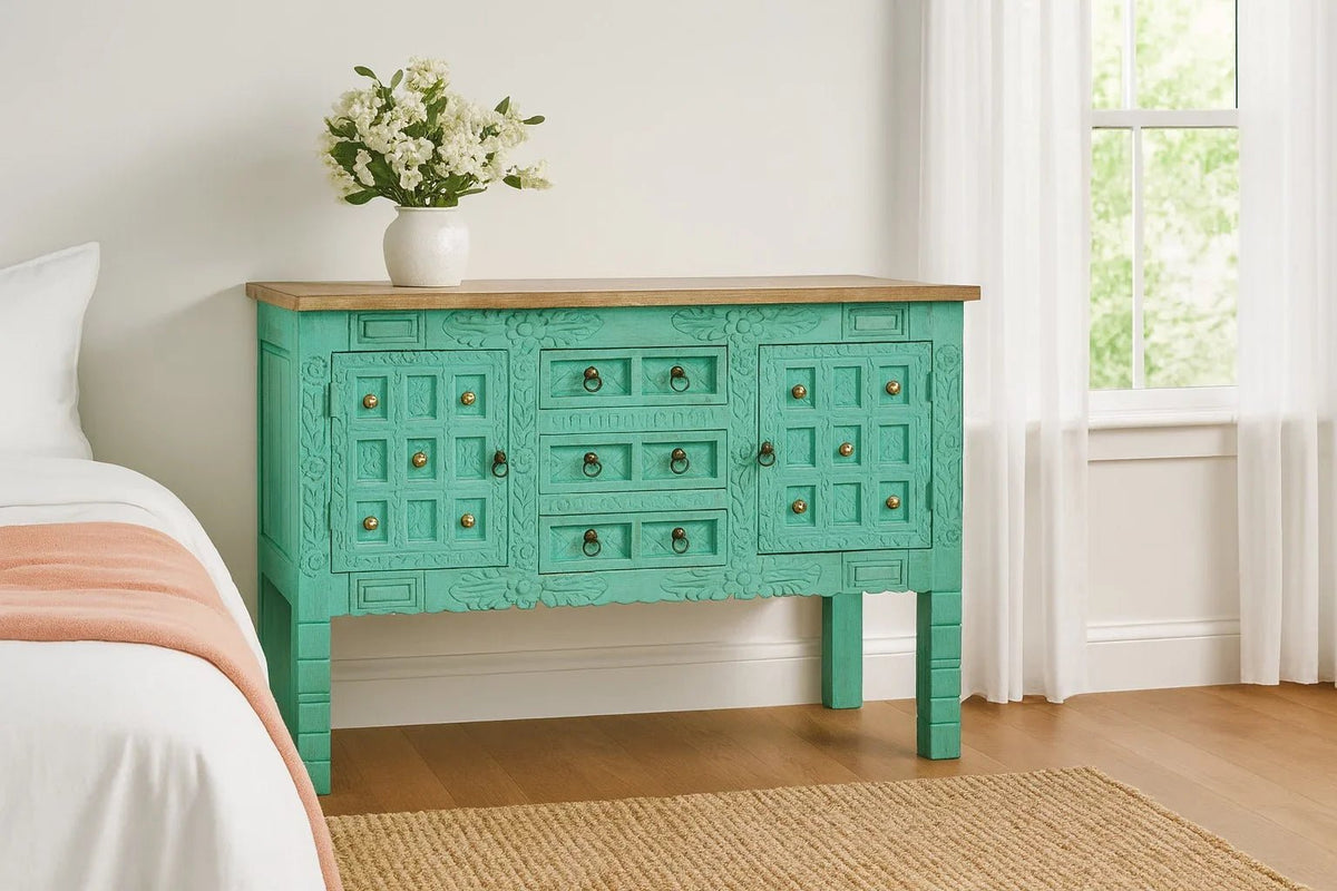 Jalna Turquoise Hand-Carved Storage Console Cabinet - DOBRI ARTS AU