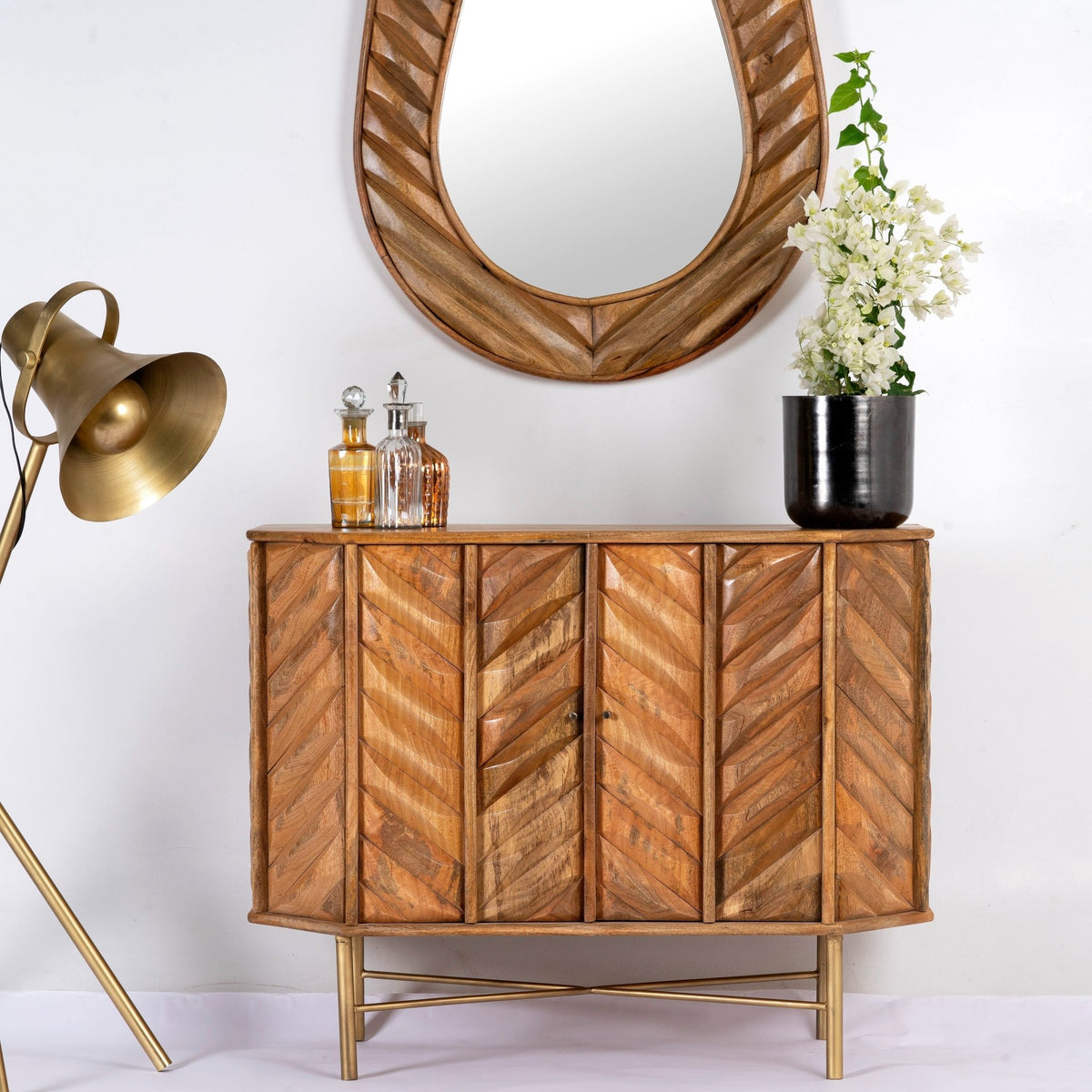 Jayapal Chevron Carved Mango Wood Cabinet with Brass Base - DOBRI ARTS AU