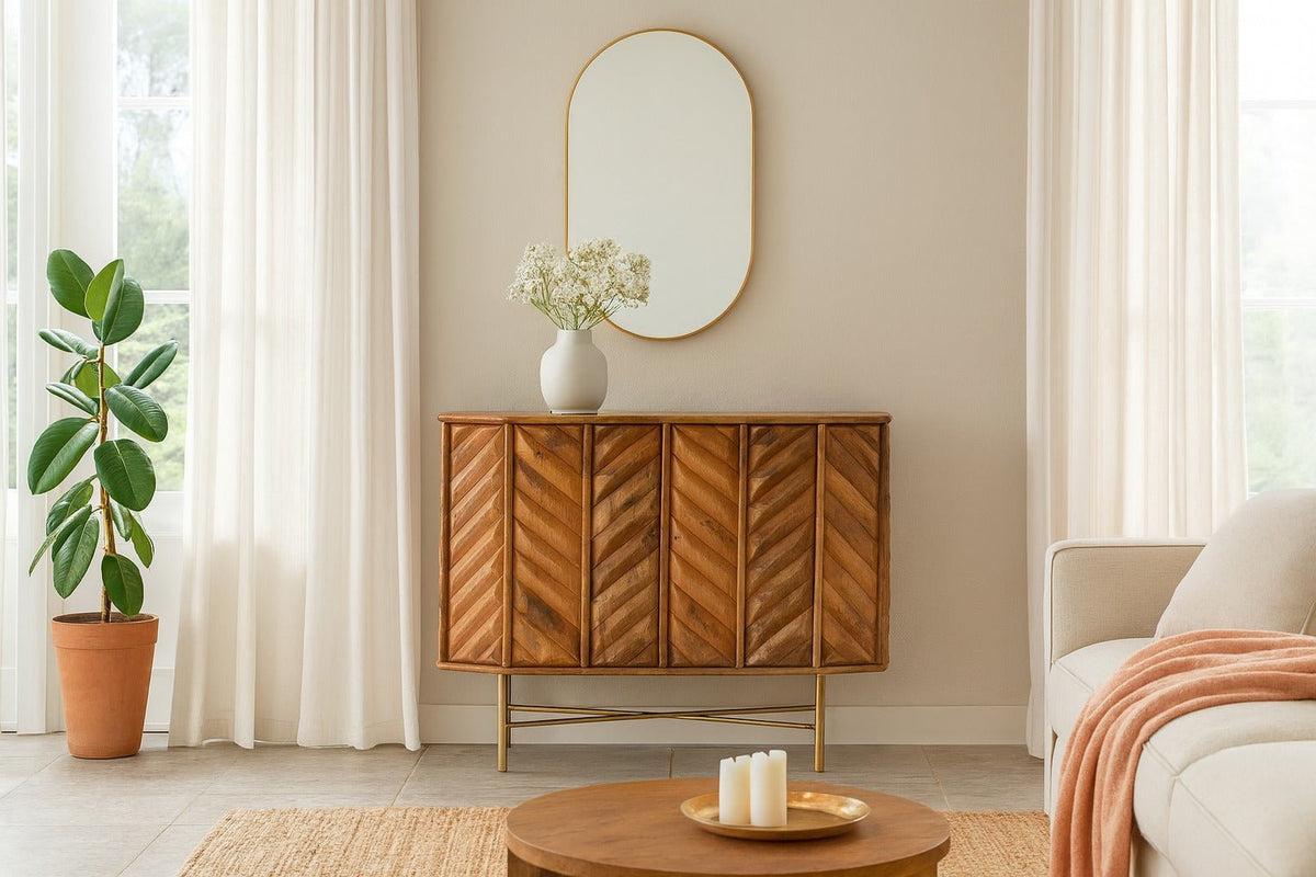 Jayapal Chevron Carved Mango Wood Cabinet with Brass Base - DOBRI ARTS AU
