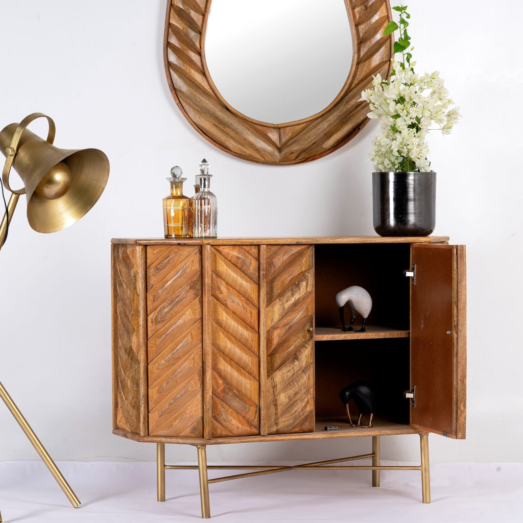 Jayapal Chevron Carved Mango Wood Cabinet with Brass Base - DOBRI ARTS AU