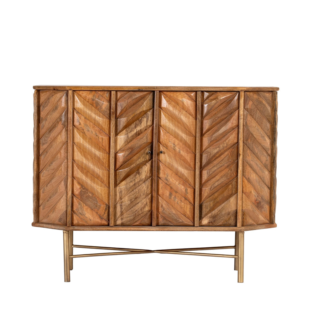 Jayapal Chevron Carved Mango Wood Cabinet with Brass Base - DOBRI ARTS AU