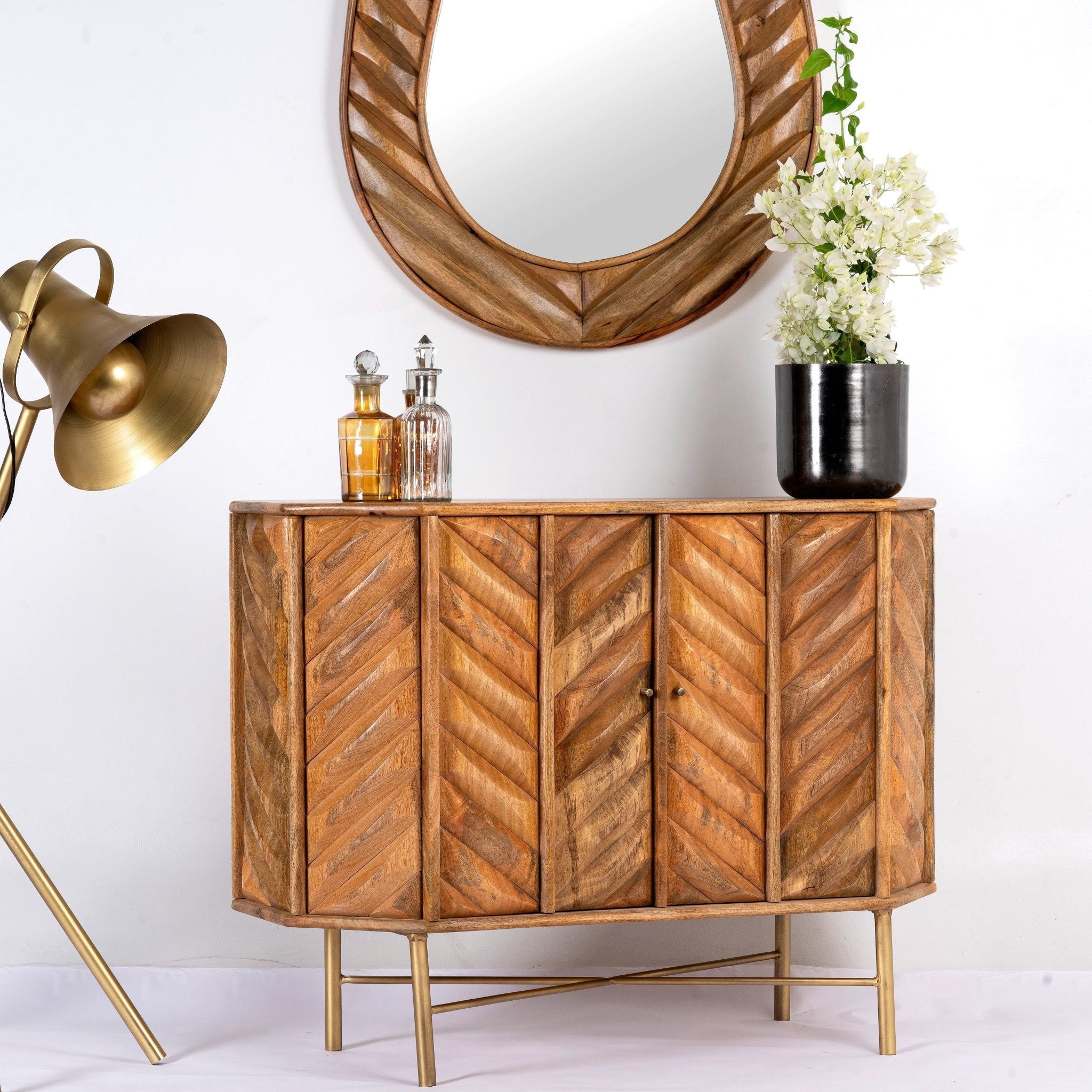 Jayapal Chevron Carved Mango Wood Cabinet with Brass Base - DOBRI ARTS AU