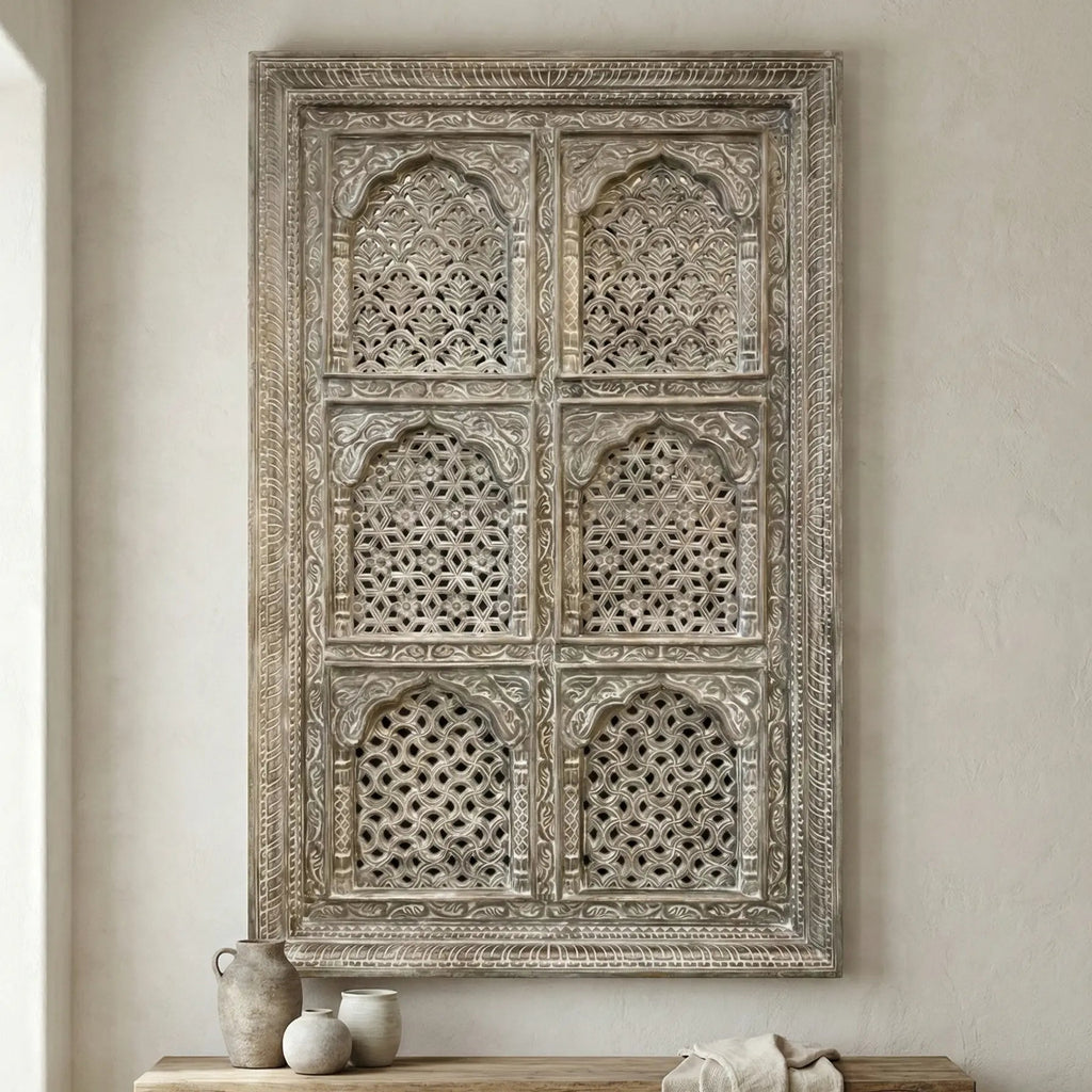 Jharokha-Inspired Hand-Carved Wooden Wall Panel with Lattice Detailing - DOBRI ARTS AU