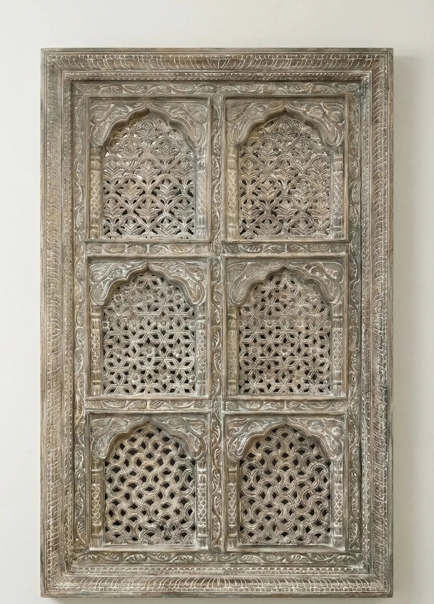 Jharokha-Inspired Hand-Carved Wooden Wall Panel with Lattice Detailing - DOBRI ARTS AU