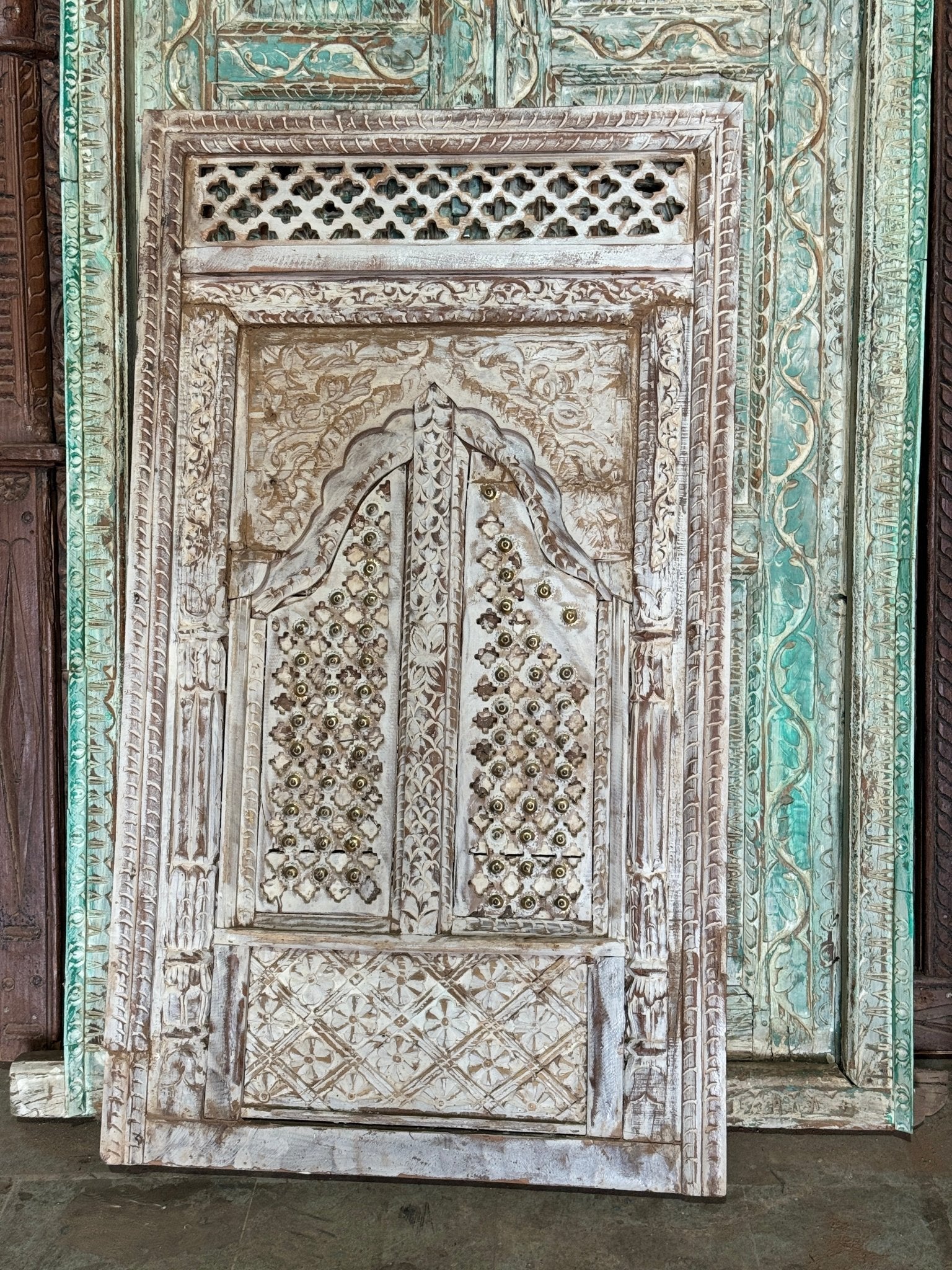 Jharokha-Style Hand-Carved Wooden Wall Panel with Brass Stud Detailing - DOBRI ARTS AU