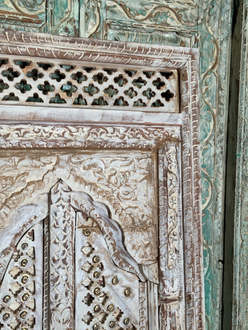 Jharokha-Style Hand-Carved Wooden Wall Panel with Brass Stud Detailing - DOBRI ARTS AU