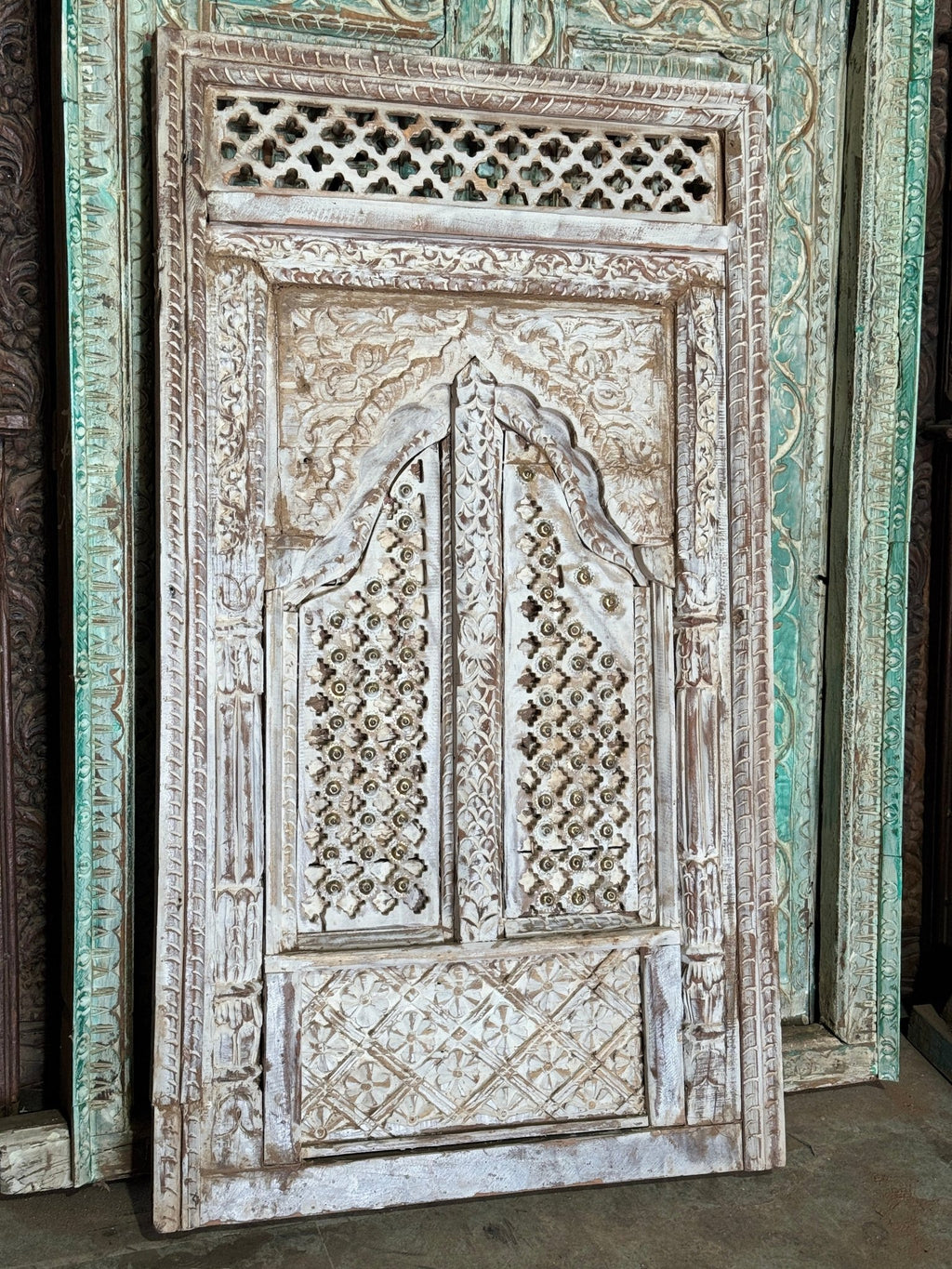 Jharokha-Style Hand-Carved Wooden Wall Panel with Brass Stud Detailing - DOBRI ARTS AU