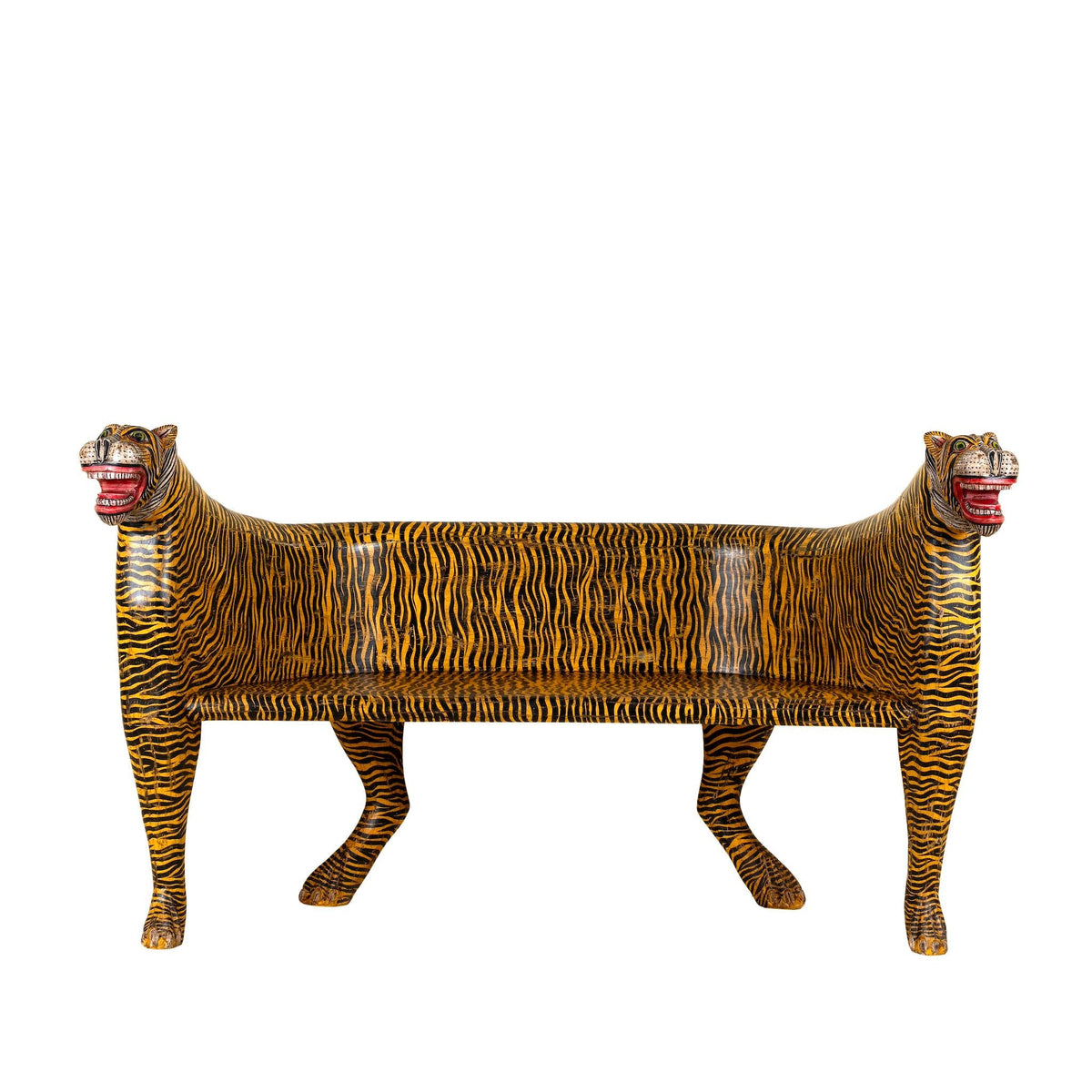 Jivin Hand-Painted Double-Headed Tiger Bench – Exotic Folk Art Animal Accent Seat, 160cm - DOBRI ARTS AU