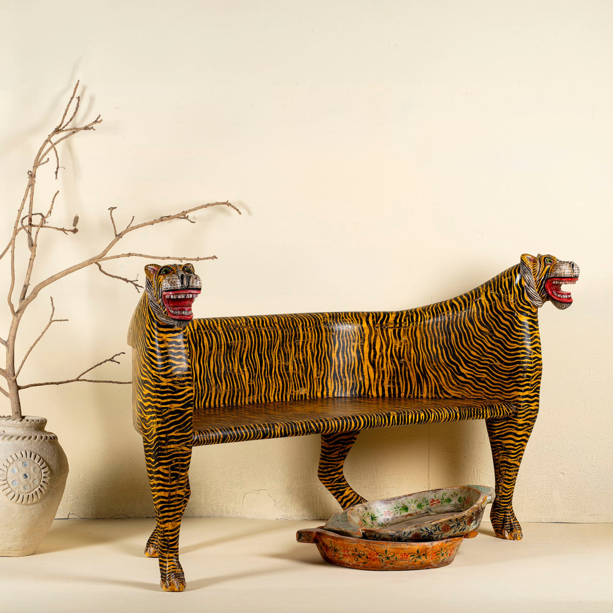 Jivin Hand-Painted Double-Headed Tiger Bench – Exotic Folk Art Animal Accent Seat, 160cm - DOBRI ARTS AU