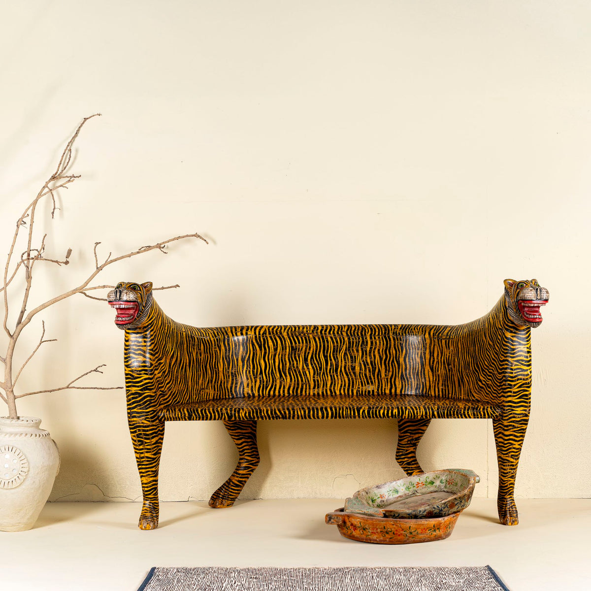 Jivin Hand-Painted Double-Headed Tiger Bench – Exotic Folk Art Animal Accent Seat, 160cm - DOBRI ARTS AU